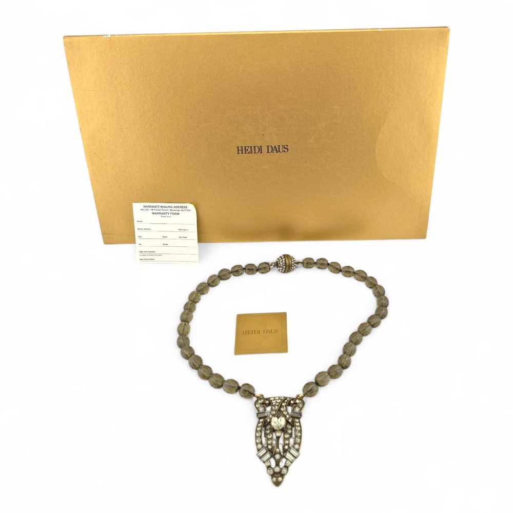 HEIDI DAUS Art Deco Style Brown Smoky Glass Beads Crystal Pendant Necklace 17"